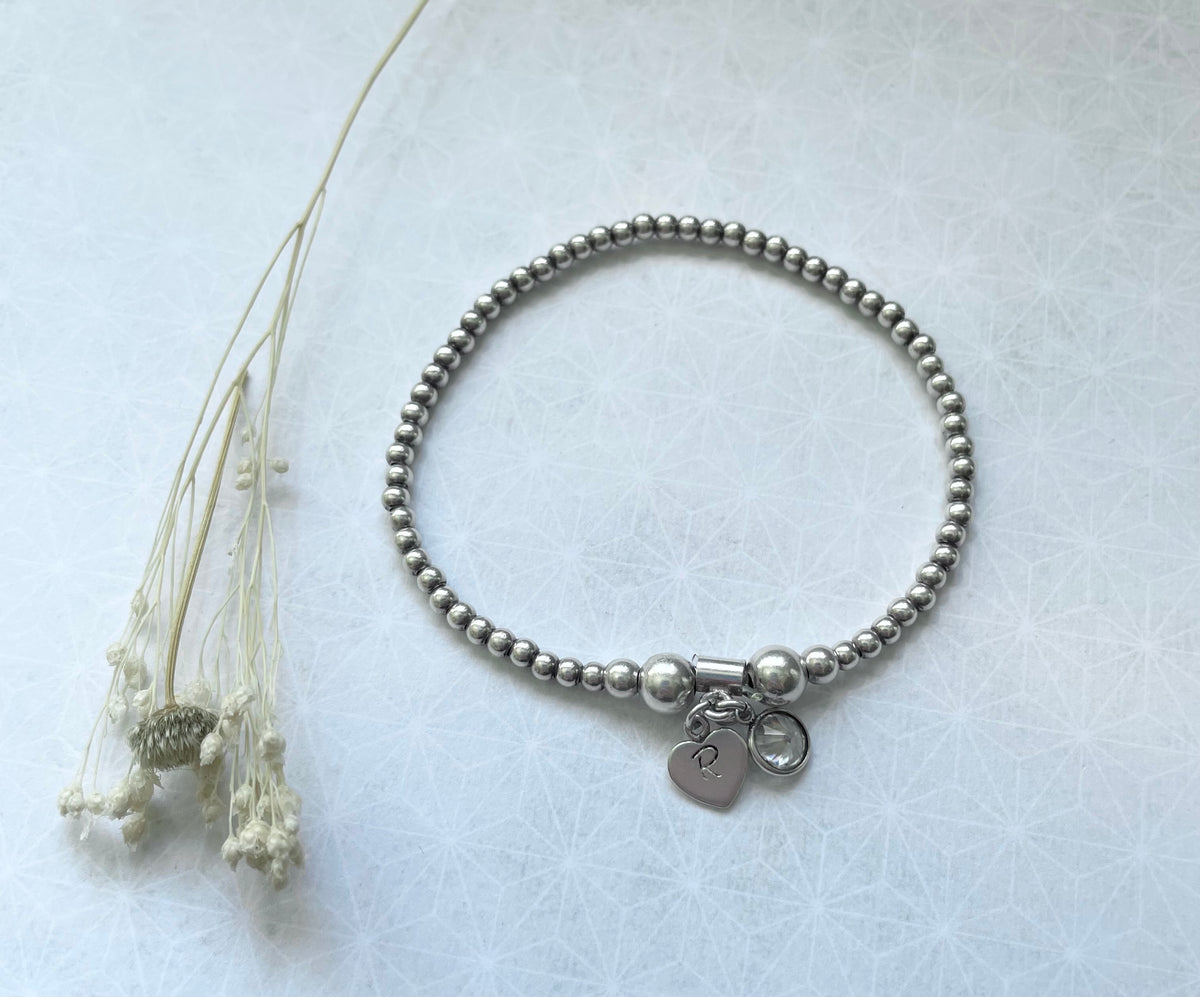Sterling Silver Bead Heart Initial and CZ Charm Bracelet