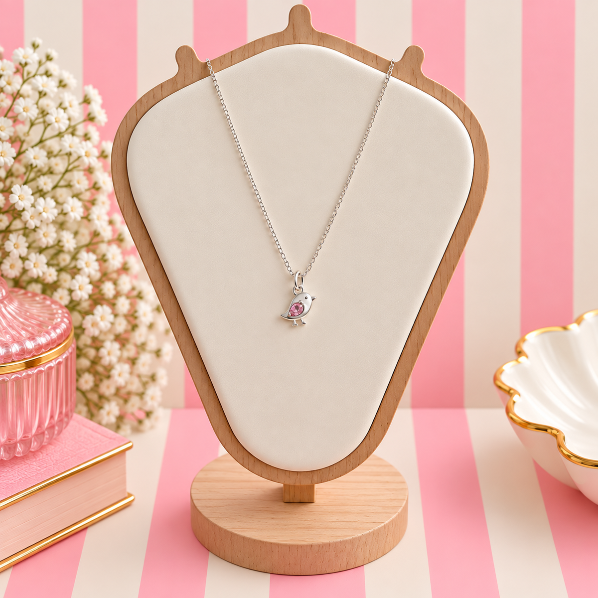Sterling Silver Pink Bird Necklace