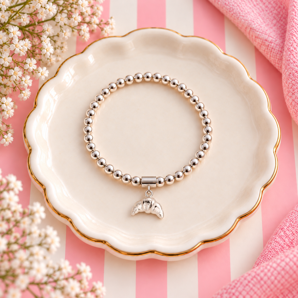 Sterling Silver Croissant Bead Bracelet