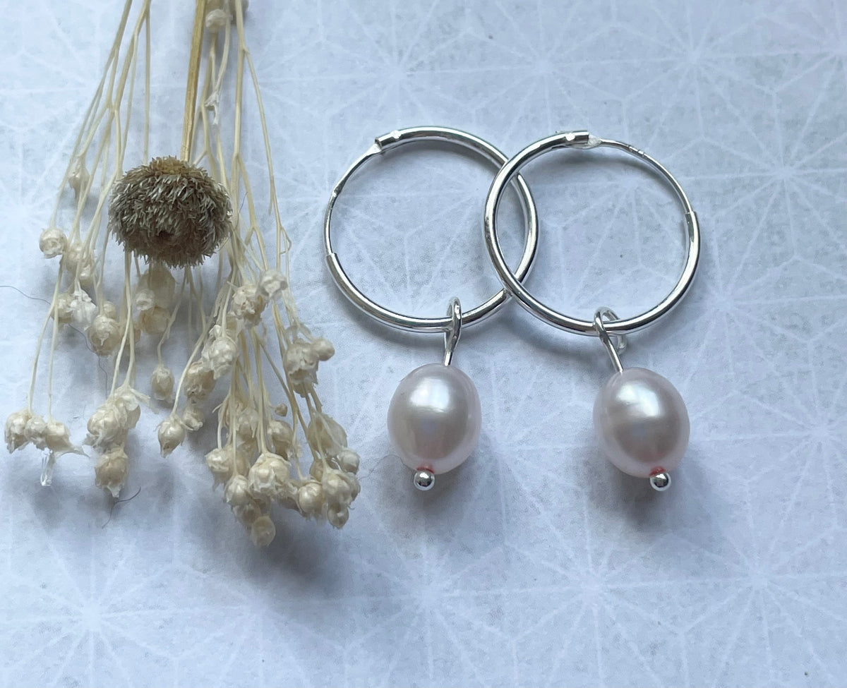 Sterling Silver Powder Pink Freshwater Pearl 16mm Hoops