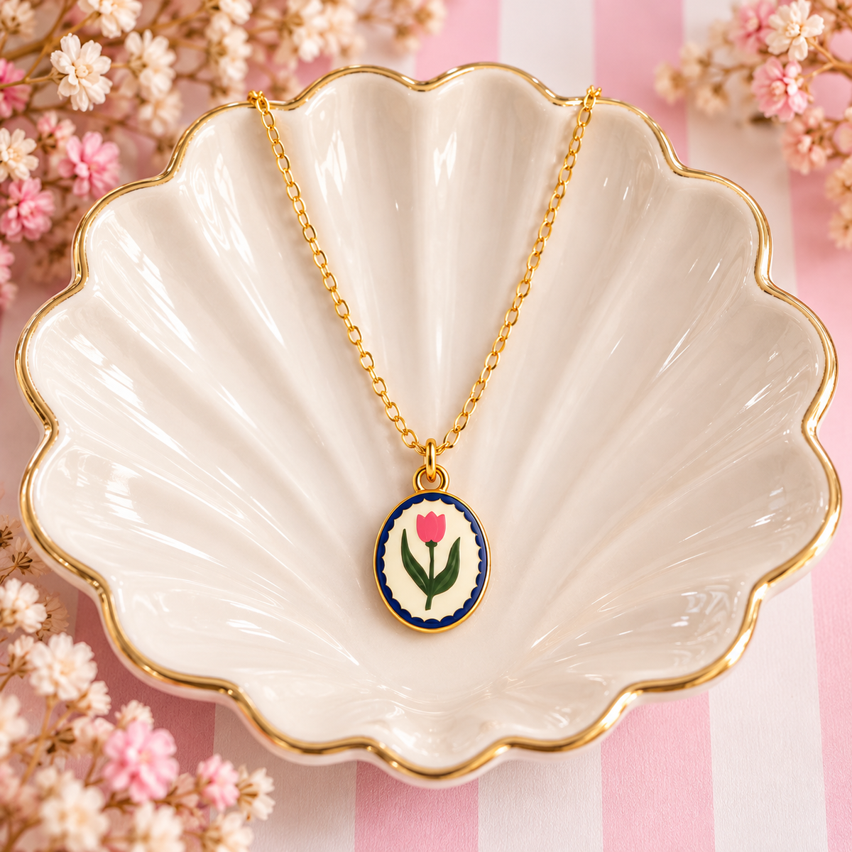 Gold Tulip Pendant Charm Necklace