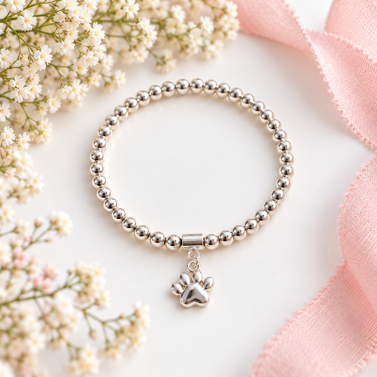Sterling Silver Dog Paw Bead Bracelet