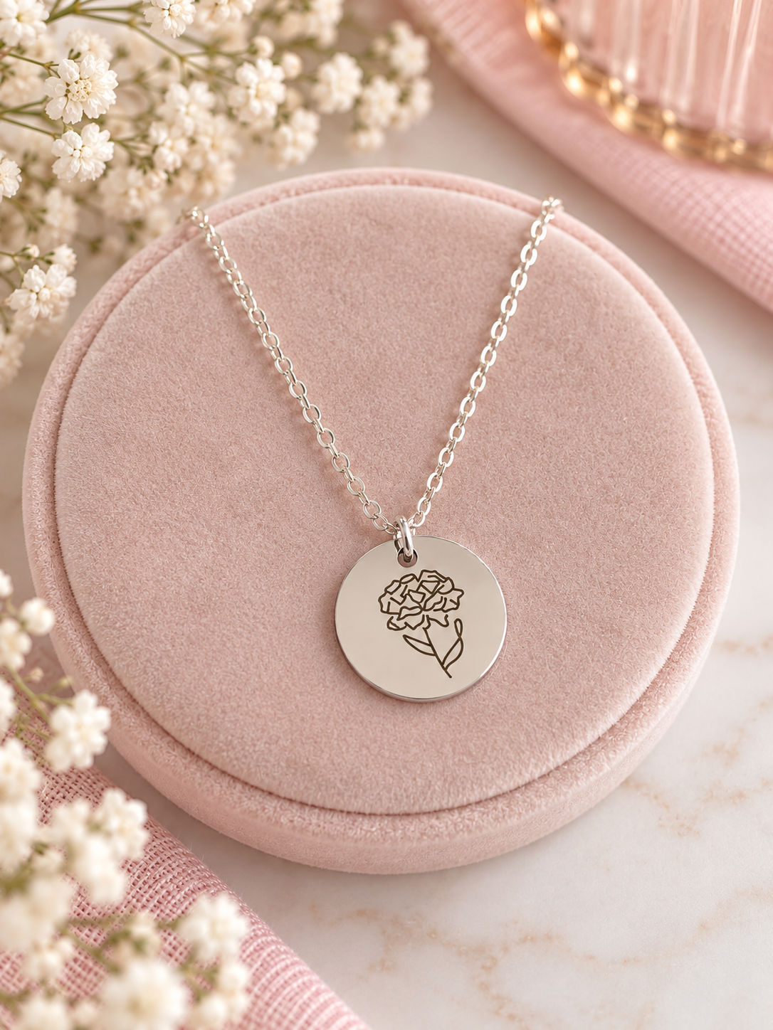 Silver Birth Month Flower Necklace