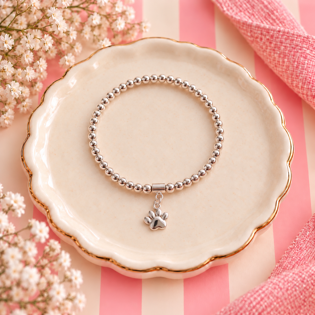 Sterling Silver Dog Paw Bead Bracelet