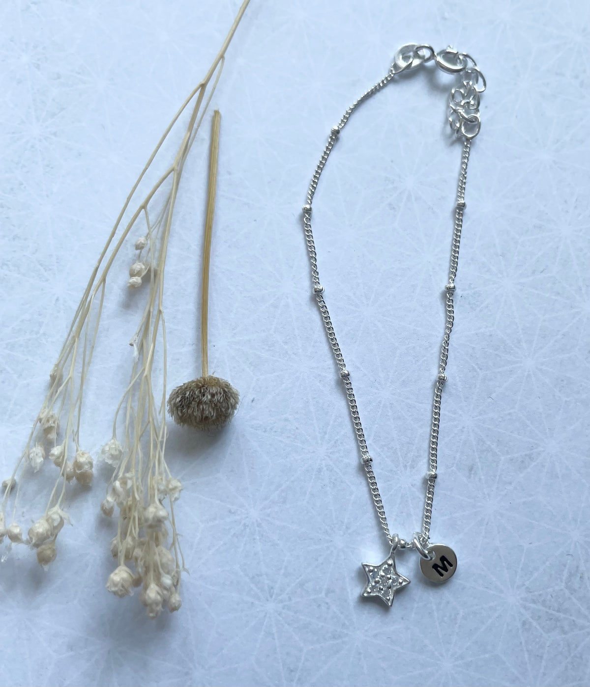 Sterling Silver Bead Shimmering Star & Initial Charm Bracelet