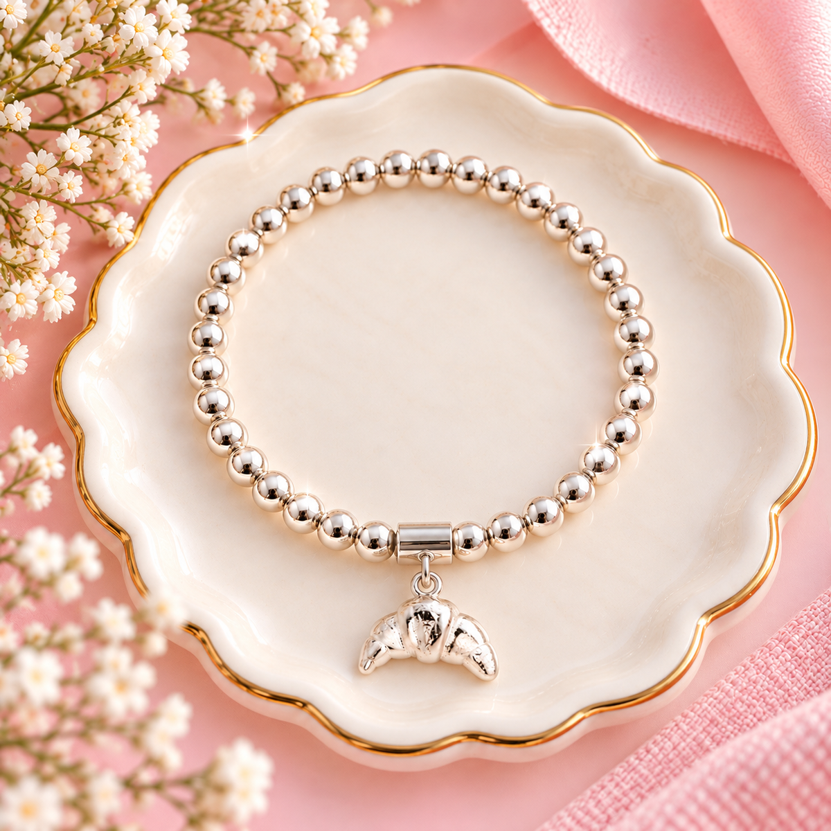 Sterling Silver Croissant Bead Bracelet