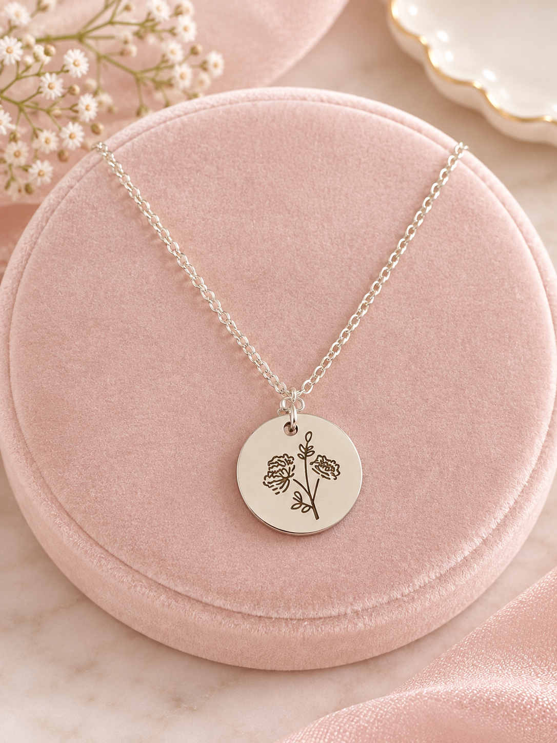Silver Birth Month Flower Necklace