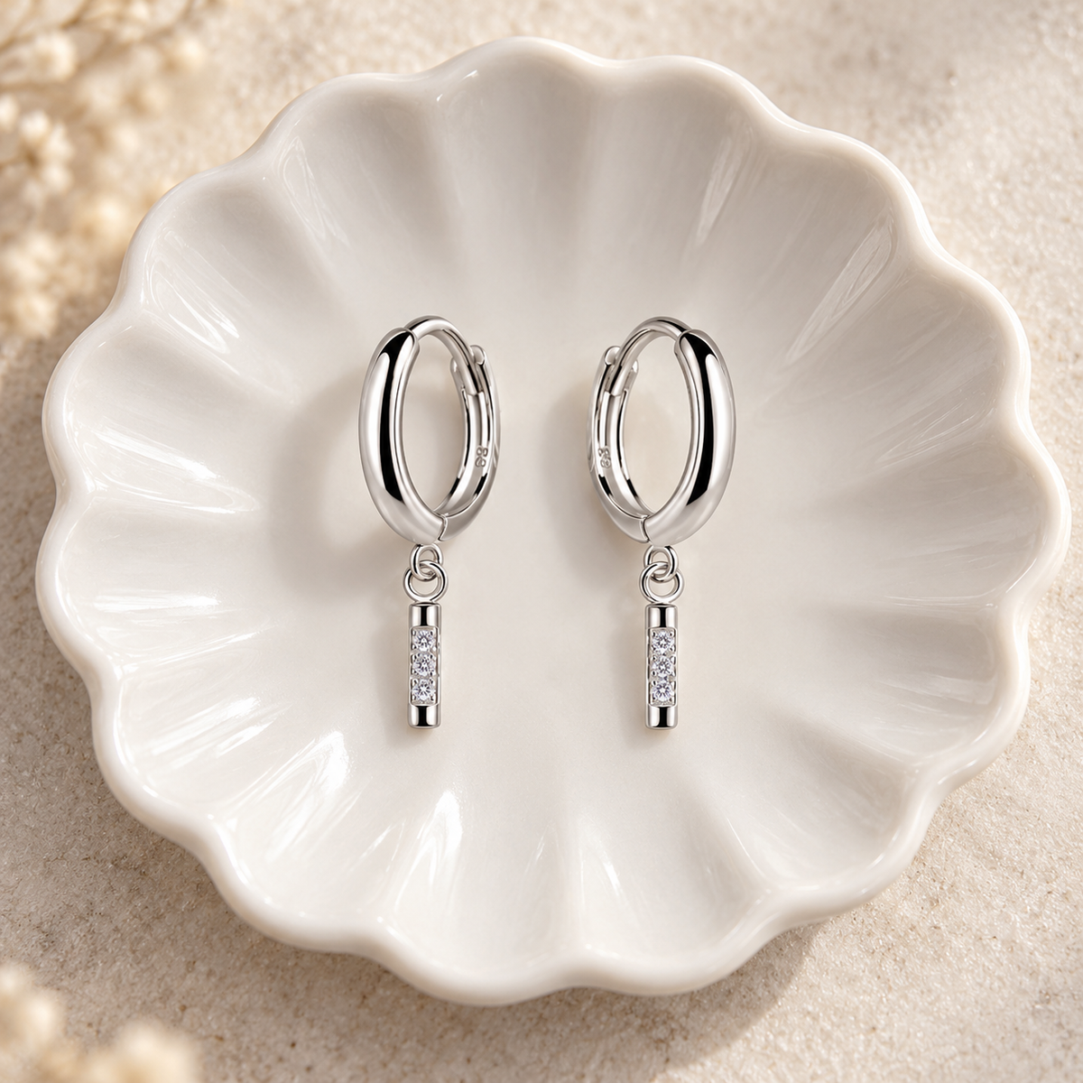 Sterling Silver CZ Bar Huggie Hoop Earrings
