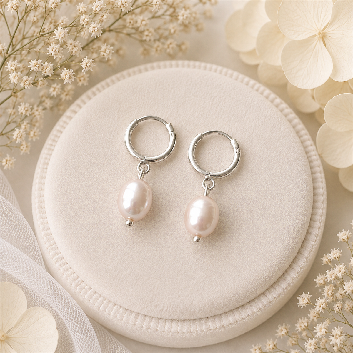 Sterling Silver Powder Pink Freshwater Pearl 10mm Hoops and Necklace Set