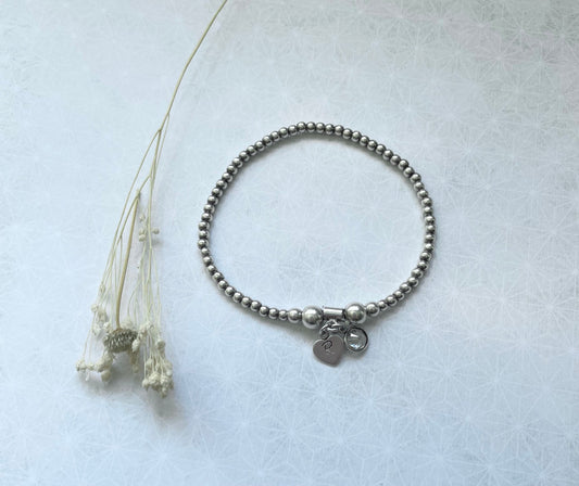 Sterling Silver Bead Heart Initial and CZ Charm Bracelet