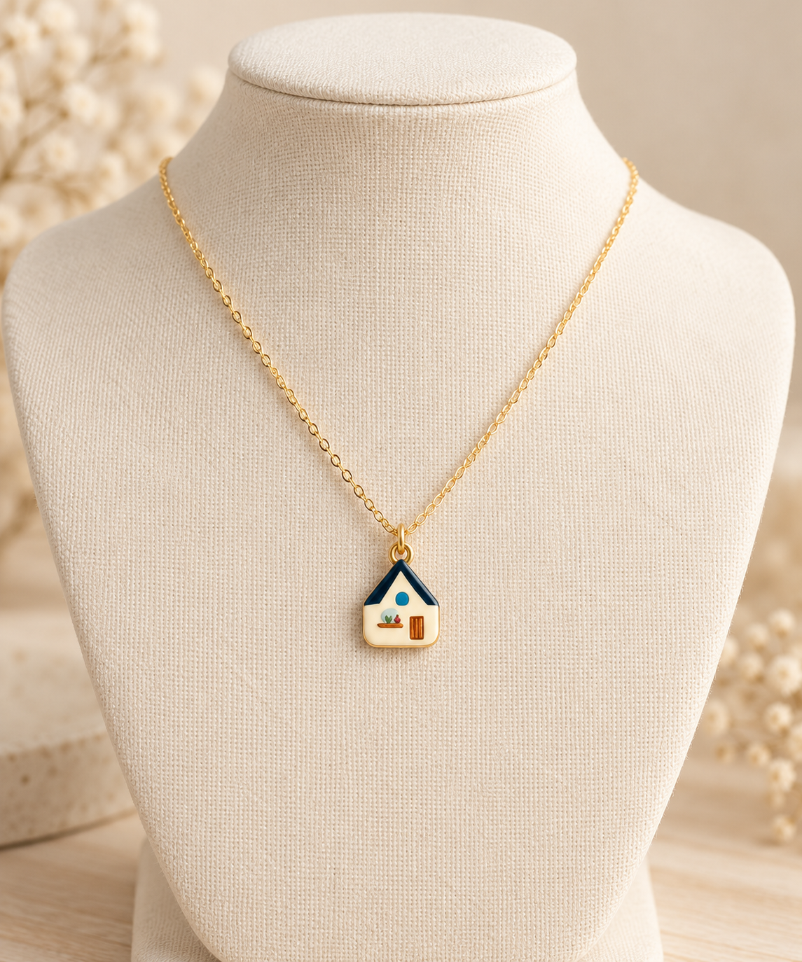 Gold Ivory Cottage Pendant Charm Necklace