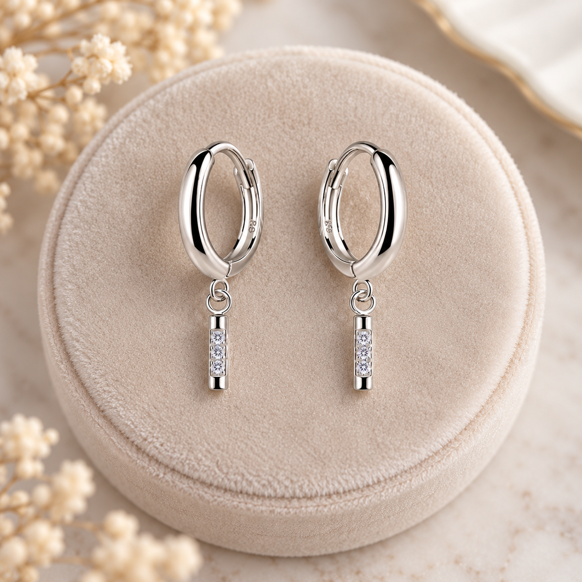 Sterling Silver CZ Bar Huggie Hoop Earrings