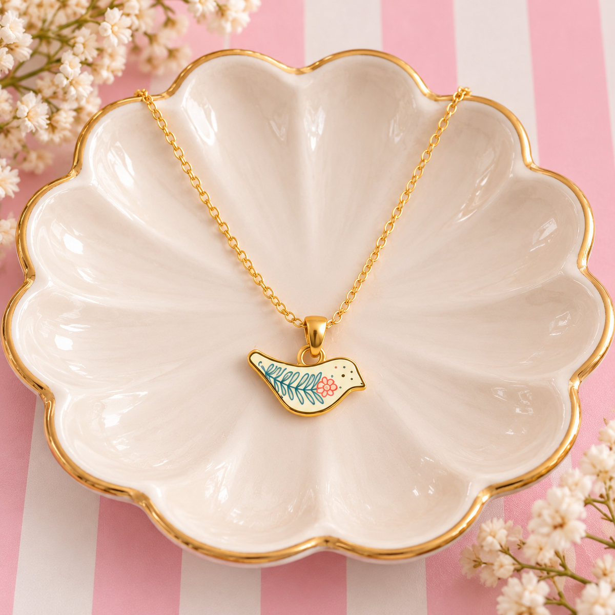 Gold Ivory Bird Charm Necklace