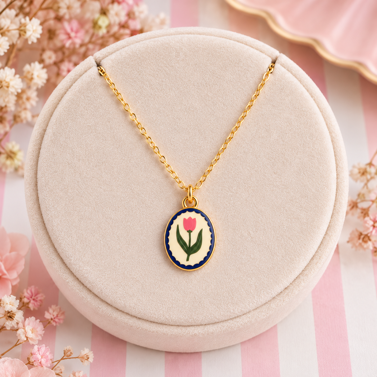 Gold Tulip Pendant Charm Necklace