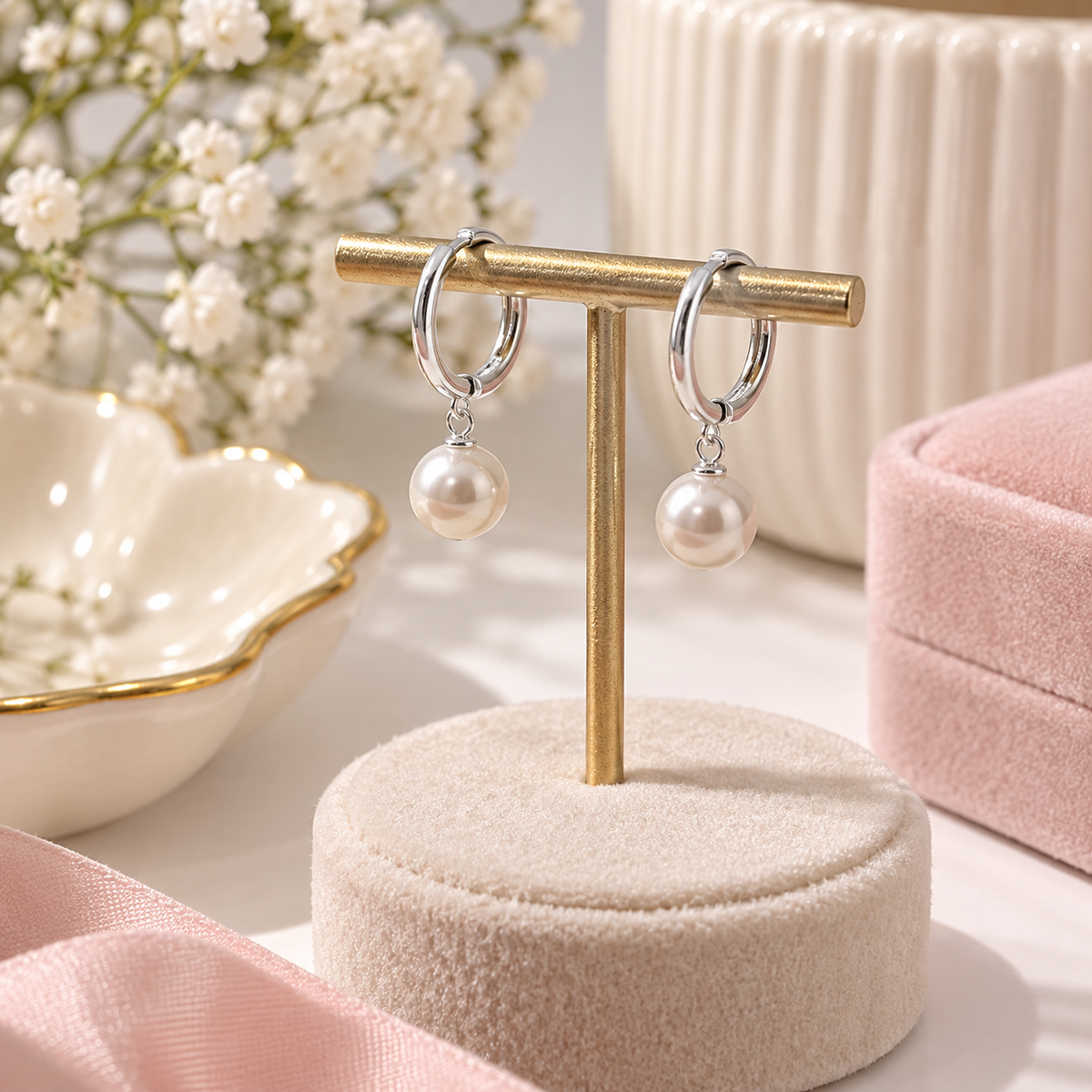 Sterling Silver Pearl Huggie Hoop Earrings