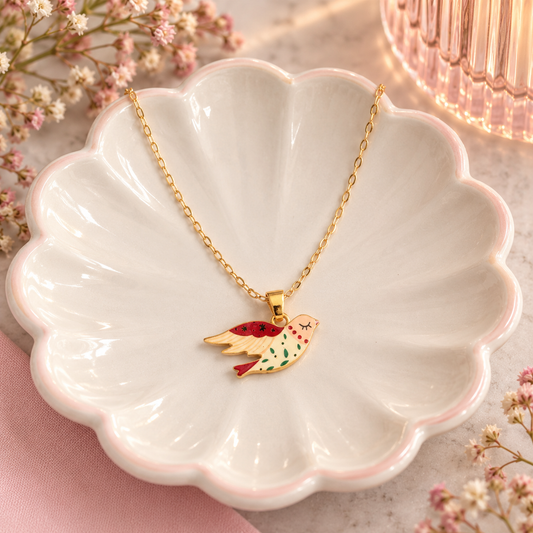 Gold Pretty Pink Bird Charm Necklace