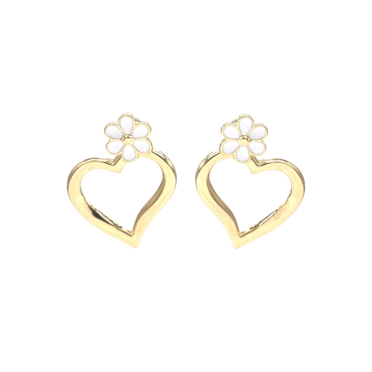 Gold Tone Heart Flower Stud Earrings