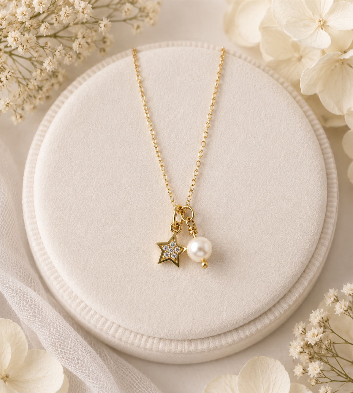 Gold Vermeil Cubic Zirconia Star Charm & Freshwater Pearl