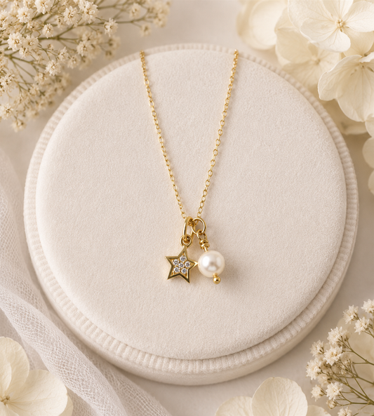 Gold Vermeil Cubic Zirconia Star Charm & Freshwater Pearl