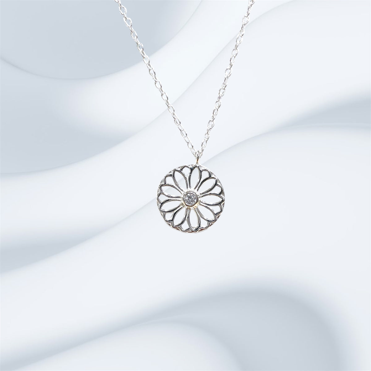Sterling Silver Daisy Flower CZ Necklace