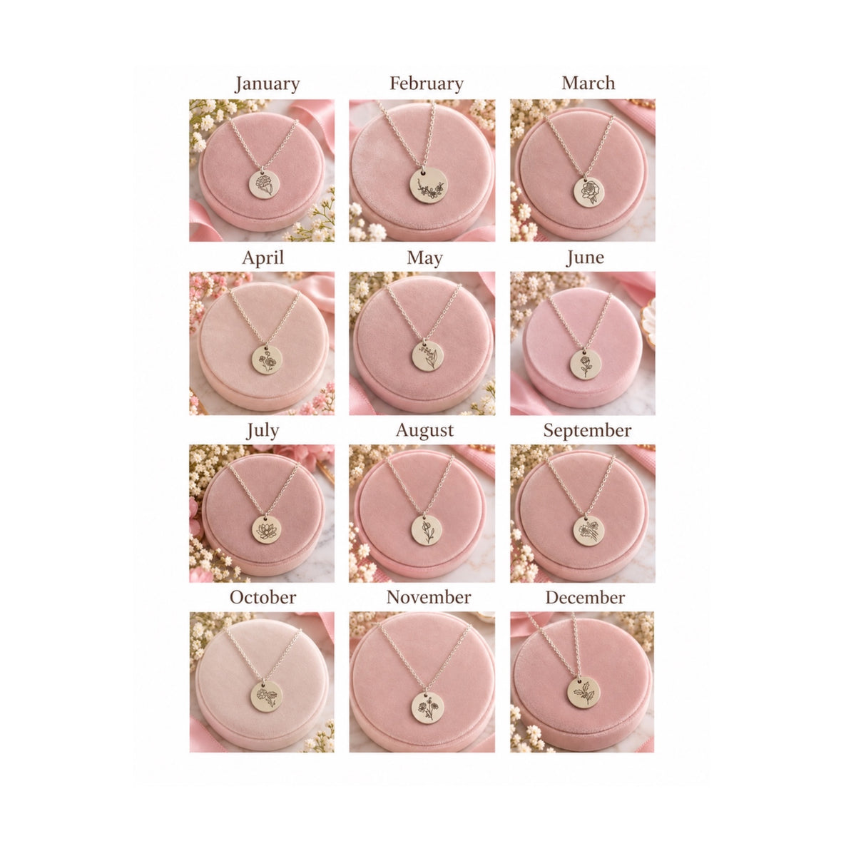 Silver Birth Month Flower Necklace
