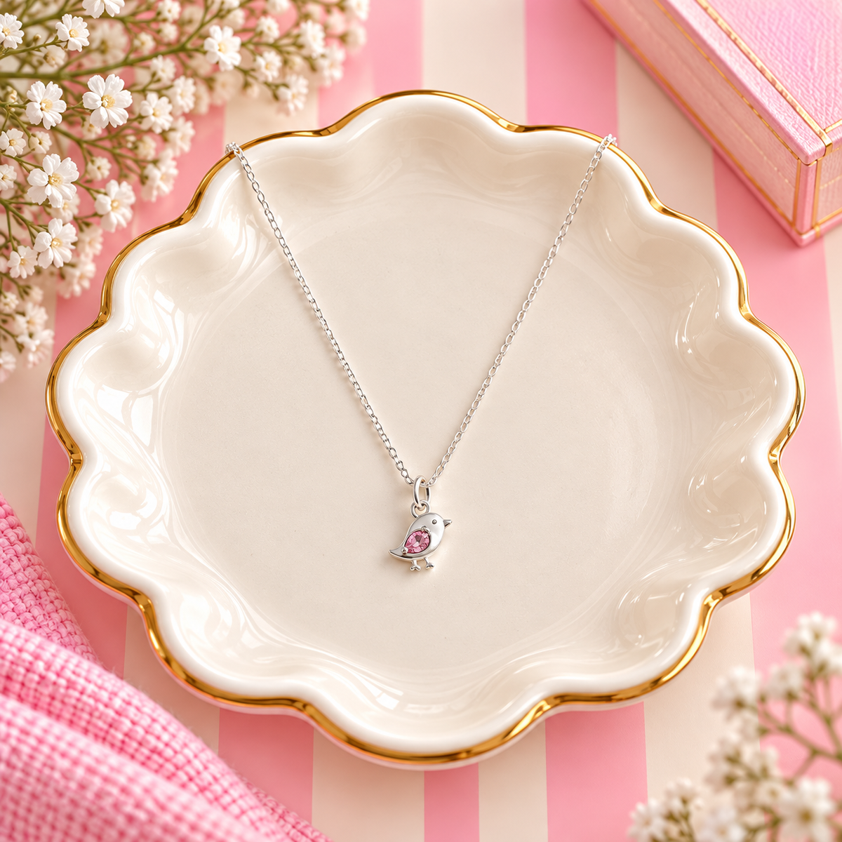 Sterling Silver Pink Bird Necklace