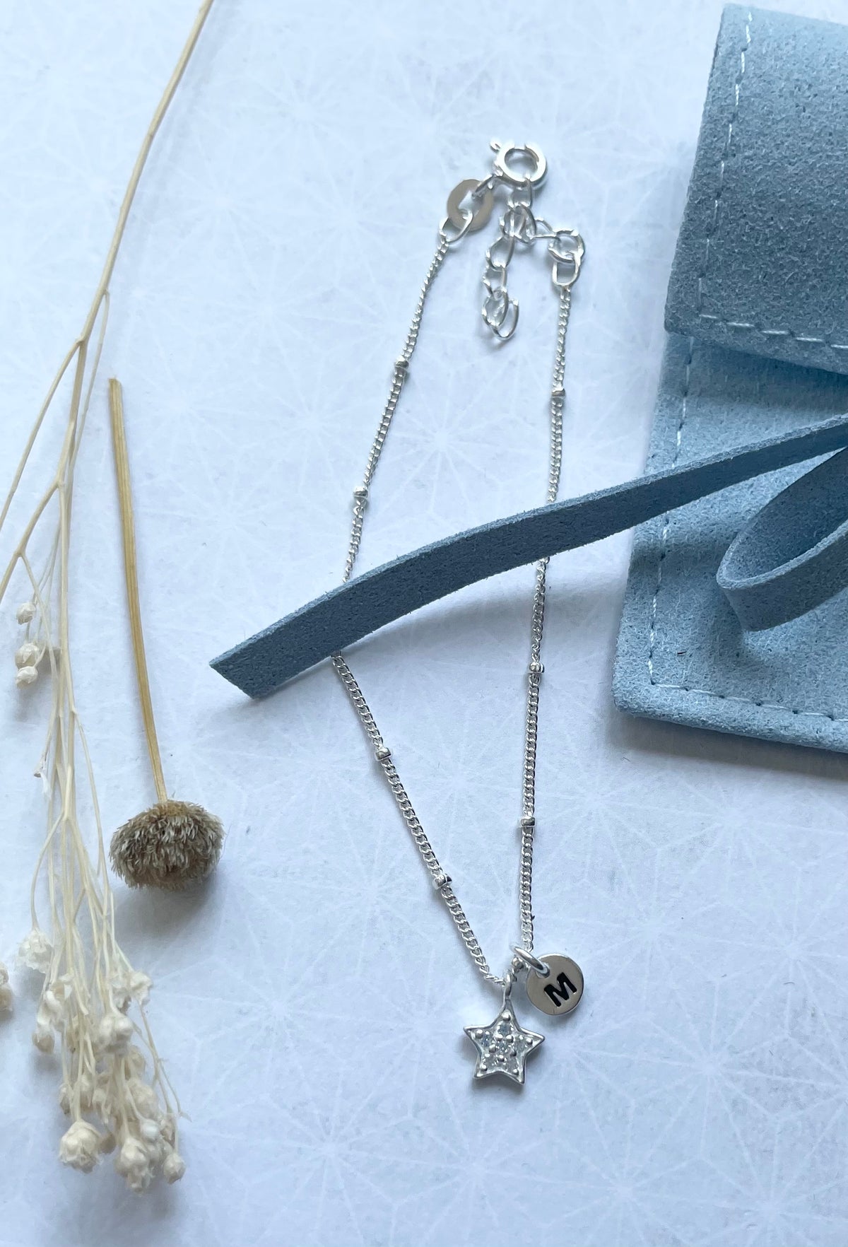 Sterling Silver Bead Shimmering Star & Initial Charm Bracelet