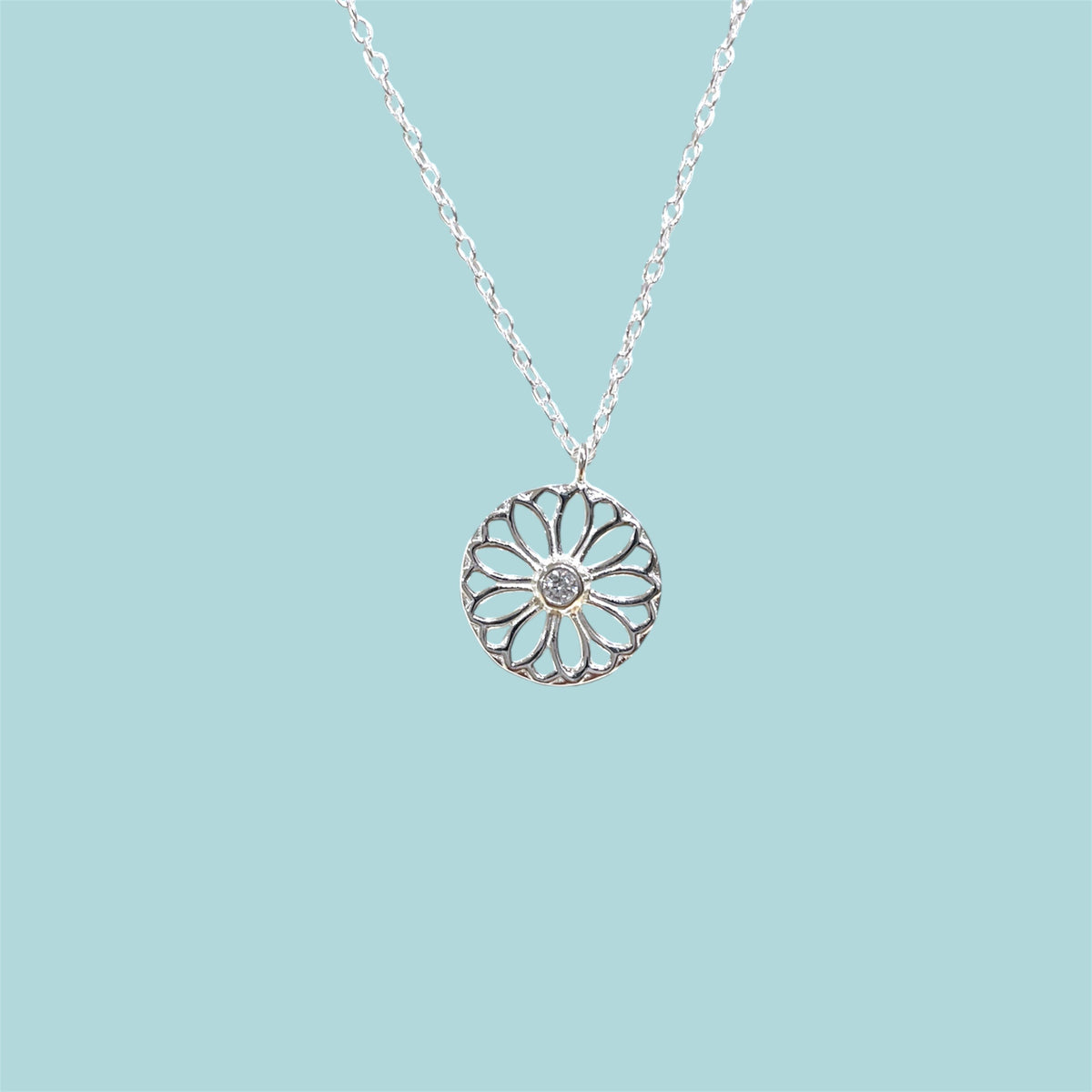 Sterling Silver Daisy Flower CZ Necklace