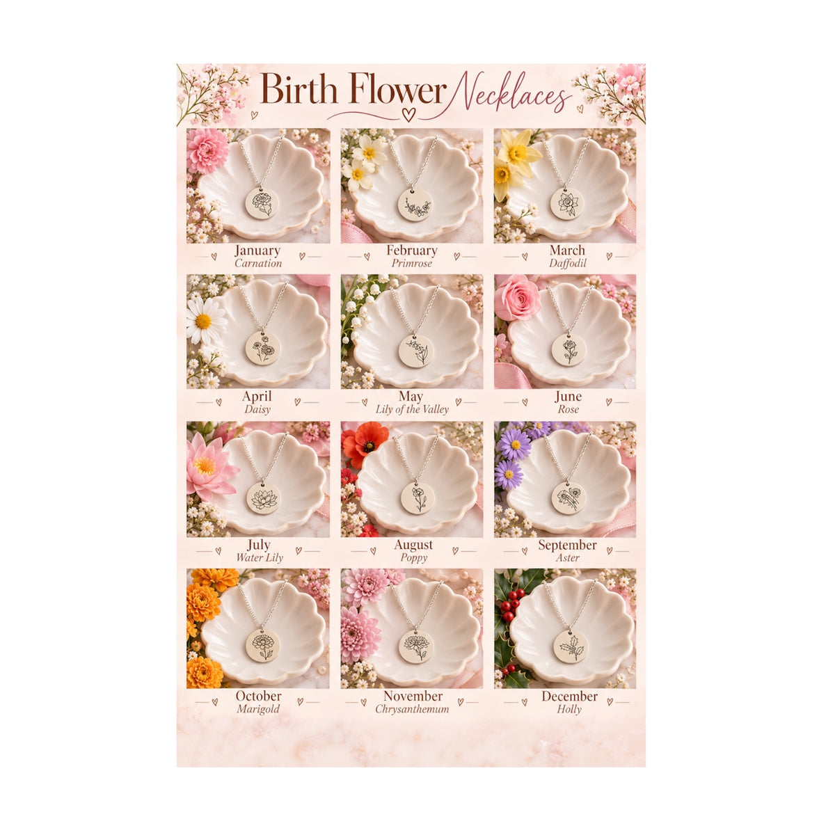 Silver Birth Month Flower Necklace