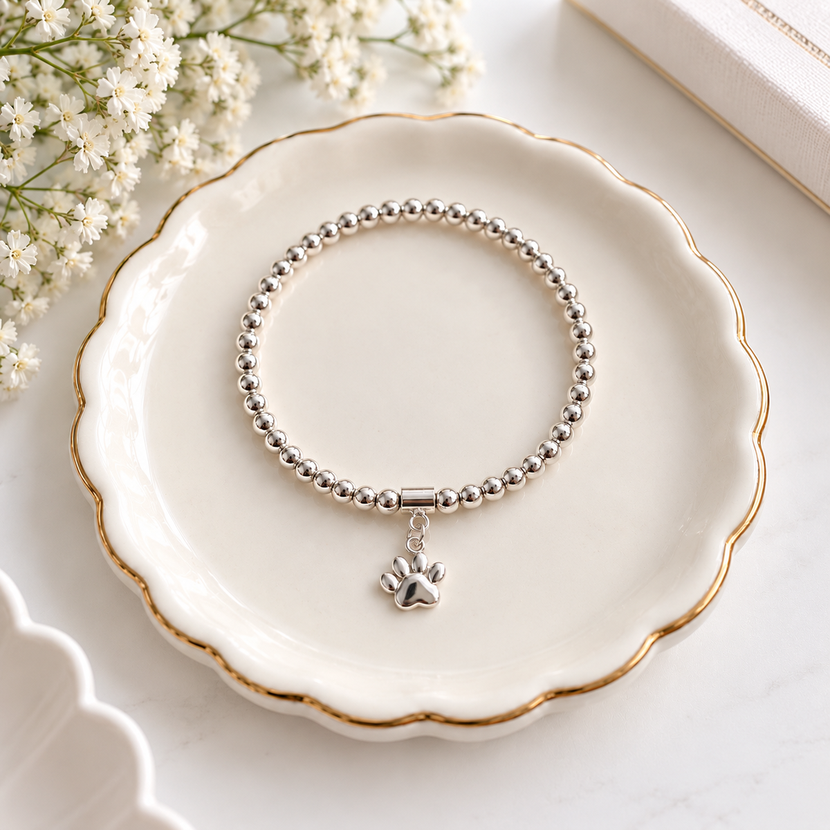 Sterling Silver Dog Paw Bead Bracelet