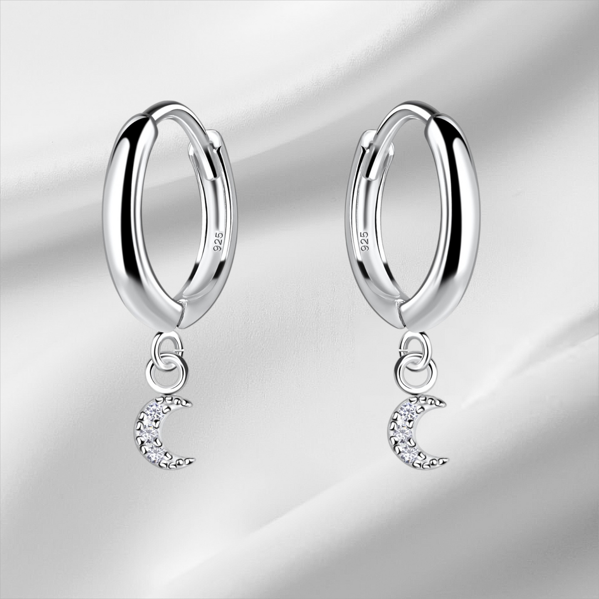 Sterling Silver Moon Cubic Zirconia Huggie Hoop Earrings