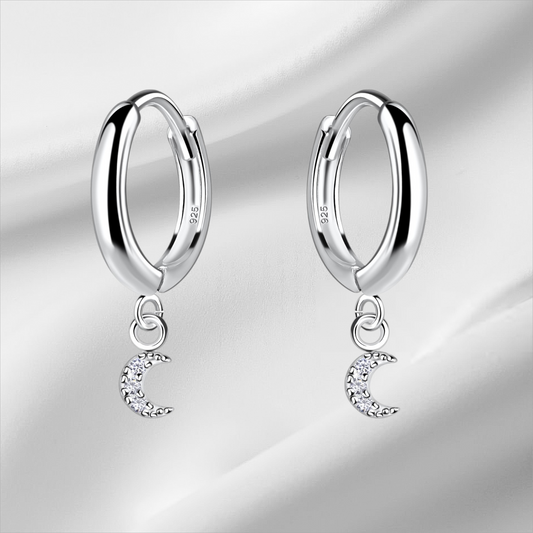 Sterling Silver Moon Cubic Zirconia Huggie Hoop Earrings