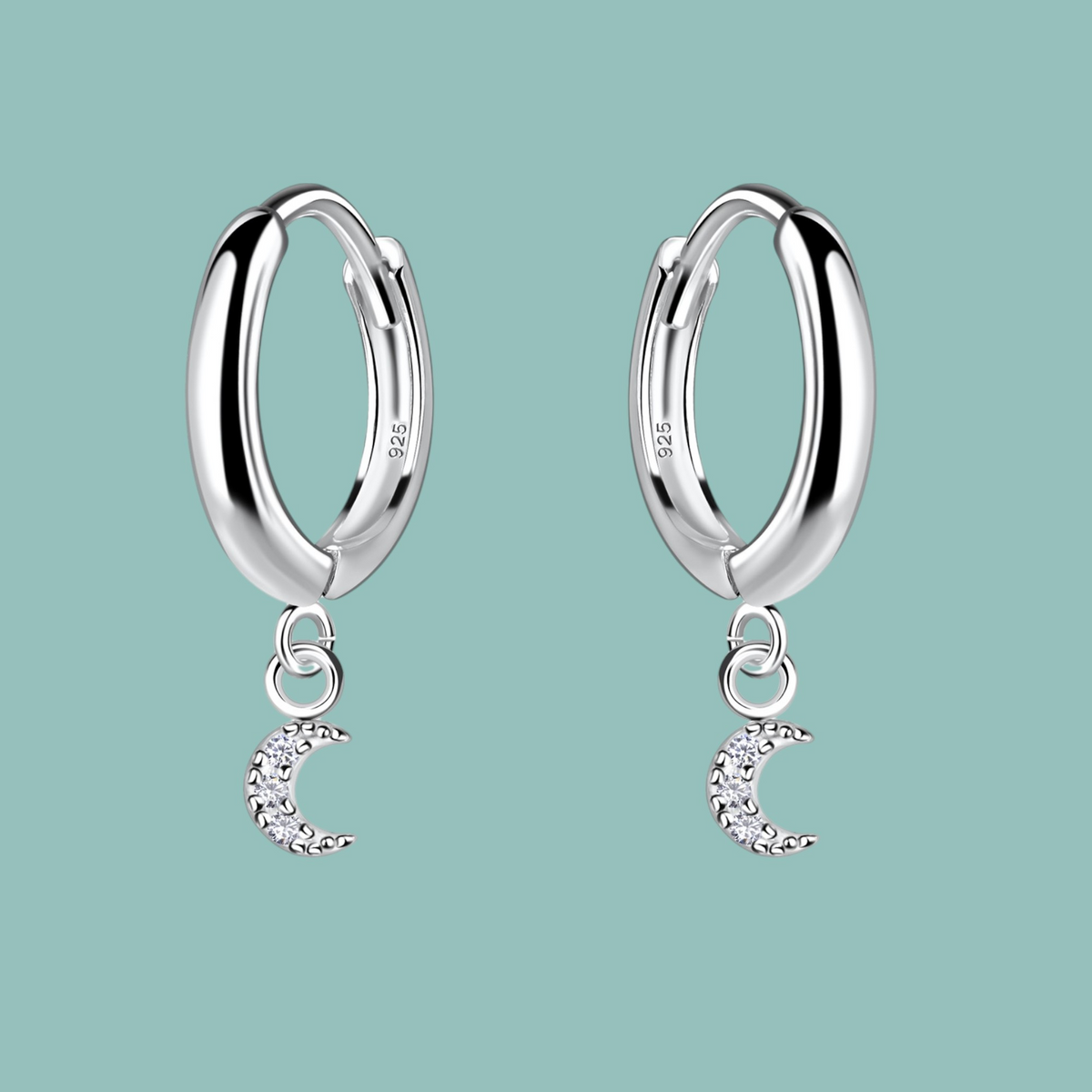 Sterling Silver Moon Cubic Zirconia Huggie Hoop Earrings