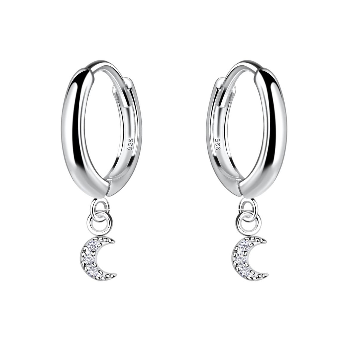 Sterling Silver Moon Cubic Zirconia Huggie Hoop Earrings