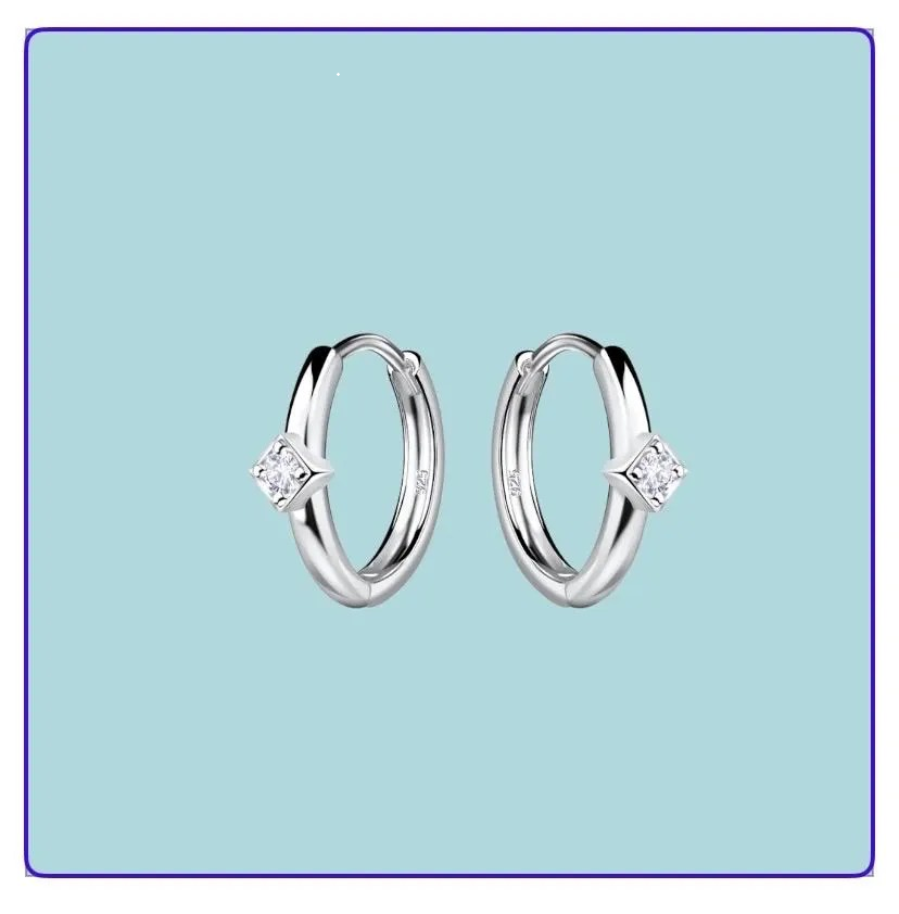 Sterling Silver Square Inset Cubic Zirconia Huggie Hoop Earrings
